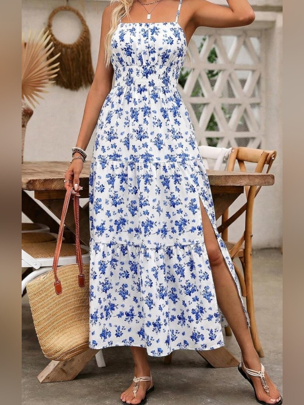 Blue Floral Smocked Maxi Dress with Side Slit XL (16-18)